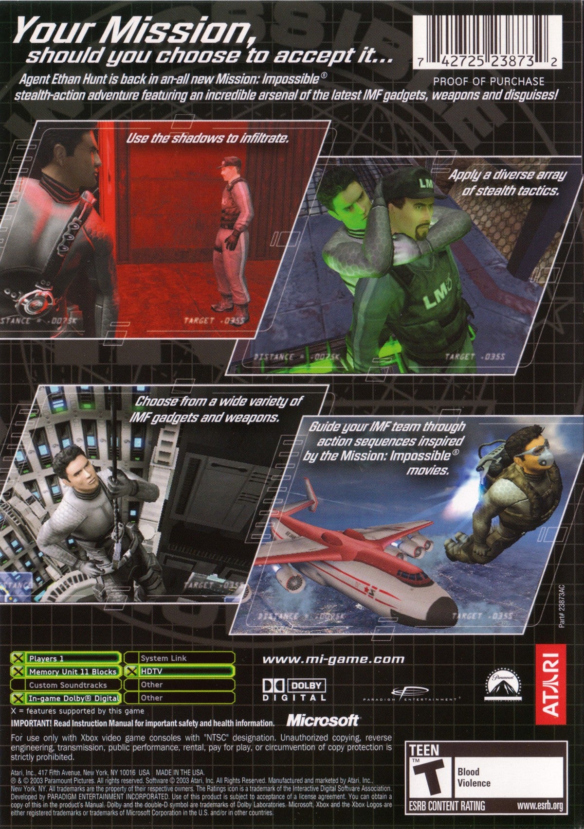 Mission Impossible Operation Surma for Xbox stealth action video game featuring espionage missions gadget based gameplay cinematic spy storytelling and classic Mission Impossible franchise experience back cover