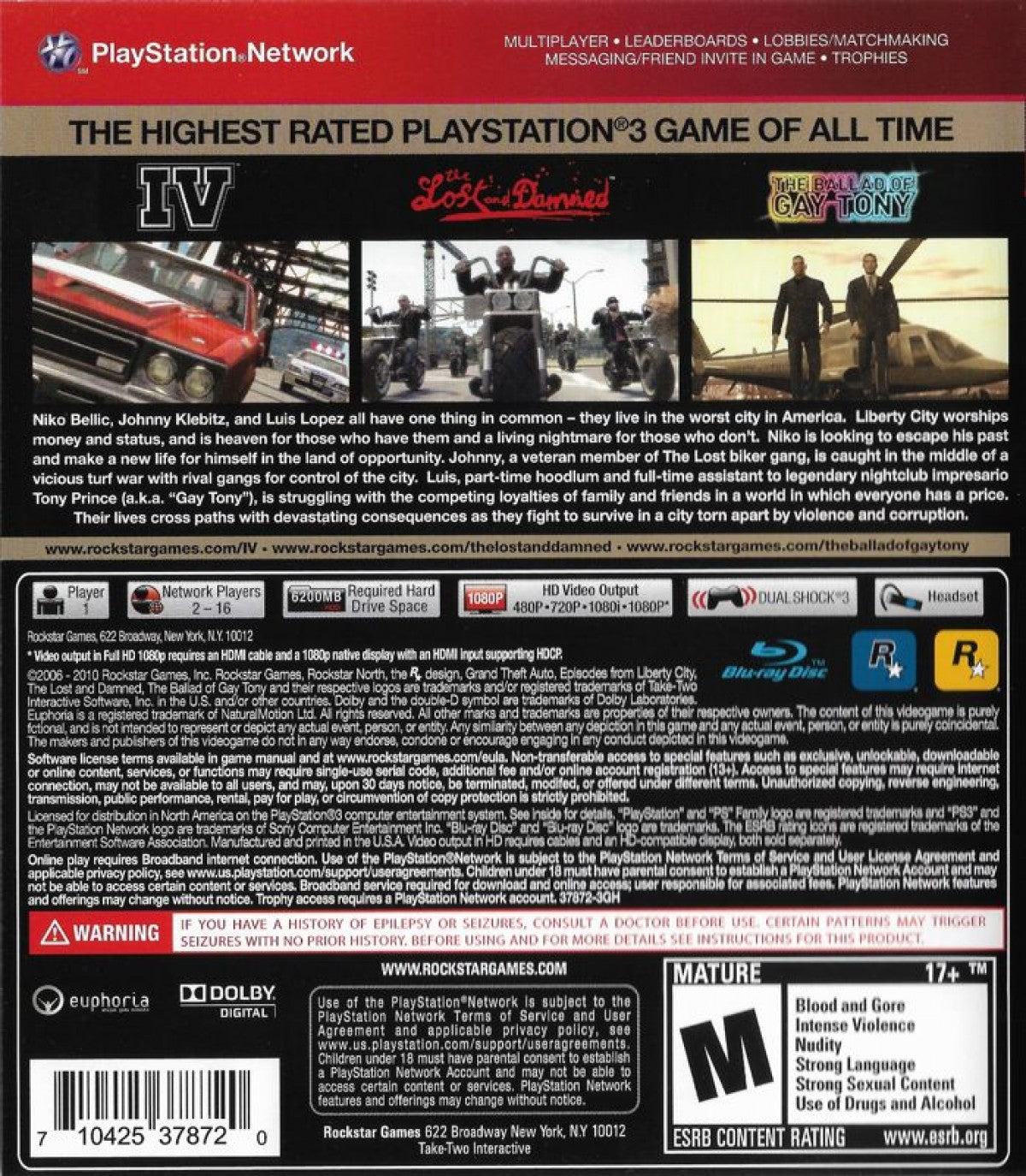 Grand Theft Auto IV and Episodes from Liberty City Greatest Hits PS3 action-adventure video game back cover art.