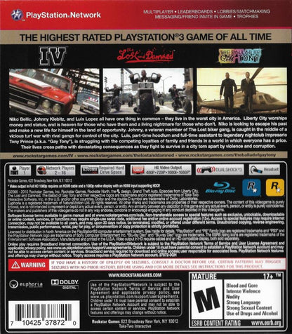 Grand Theft Auto IV and Episodes from Liberty City Greatest Hits PS3 action-adventure video game back cover art.