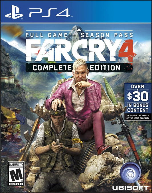 Far Cry 4 Complete Edition PlayStation 4 PS4 for action adventure video game fans featuring open world exploration first person shooter gameplay intense combat missions weapon customization wildlife encounters tactical stealth gameplay Himalayan mountain setting expanded edition content and immersive storytelling collectible gaming appeal front cover art