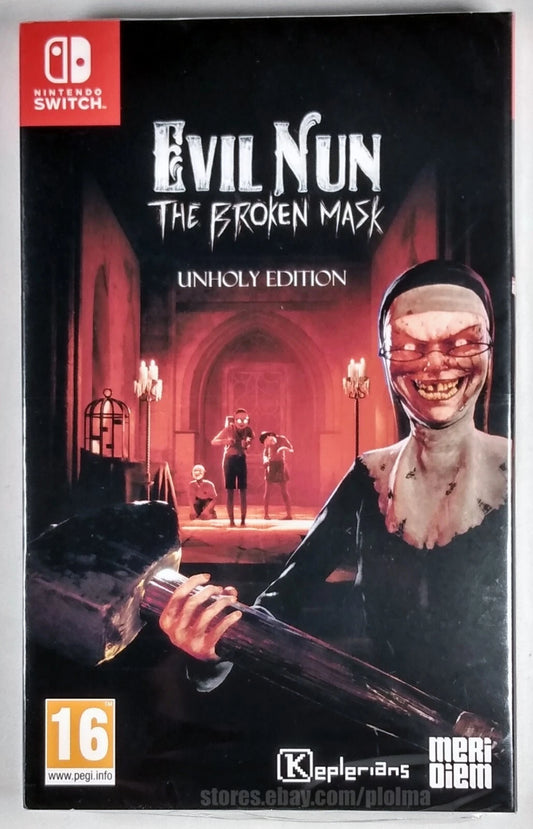 Evil Nun The Broken Mask Unholy Edition special edition PAL import release featuring survival horror gameplay with stealth mechanics puzzle solving and a dark storyline set in a haunted school with exclusive edition content frront cover