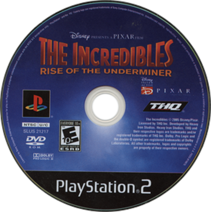 
The Incredibles Rise of the Underminer PlayStation 2 PS2 video game, action adventure, Pixar movie tie-in, cooperative gameplay, family-friendly console title disc