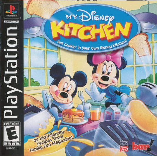 My Disney Kitchen PS1 PlayStation 1 educational simulation game kids cooking mini games Disney themed casual gameplay retro video game cover art
