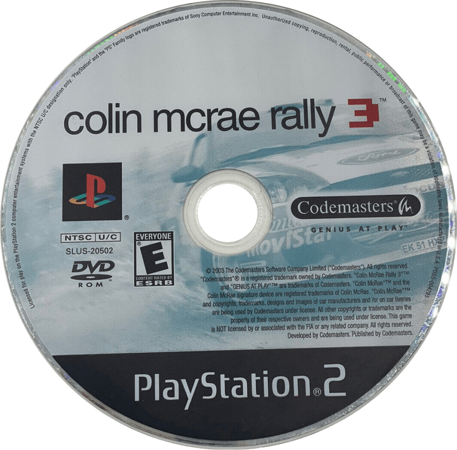 Retro Colin McRae Rally 3 PS2 inspired design featuring realistic rally racing aesthetic vintage PlayStation 2 off road motorsport simulation dirt gravel and snow stages high speed precision driving WRC inspired cars immersive weather conditions nostalgic racing game presentation - disc