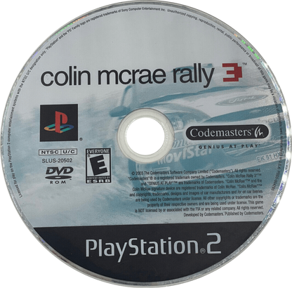 Retro Colin McRae Rally 3 PS2 inspired design featuring realistic rally racing aesthetic vintage PlayStation 2 off road motorsport simulation dirt gravel and snow stages high speed precision driving WRC inspired cars immersive weather conditions nostalgic racing game presentation - disc