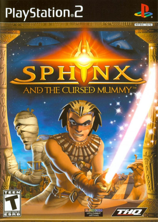 Sphinx and the Cursed Mummy PlayStation 2 PS2 for action adventure video game fans featuring ancient Egyptian mythology exploration puzzle solving platforming combat gameplay legendary creatures magical abilities Sphinx and Mummy character adventures fantasy worlds immersive storytelling collectible gaming appeal front cover