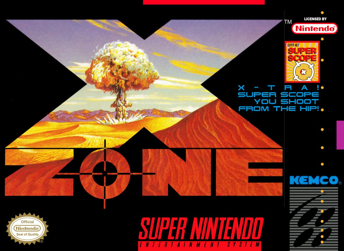 X Zone Super Nintendo Entertainment System SNES retro video game action shooting gameplay featuring fast paced arcade style combat challenging missions futuristic action mechanics classic 16 bit graphics Super Nintendo gaming experience retro game collection appeal cover art