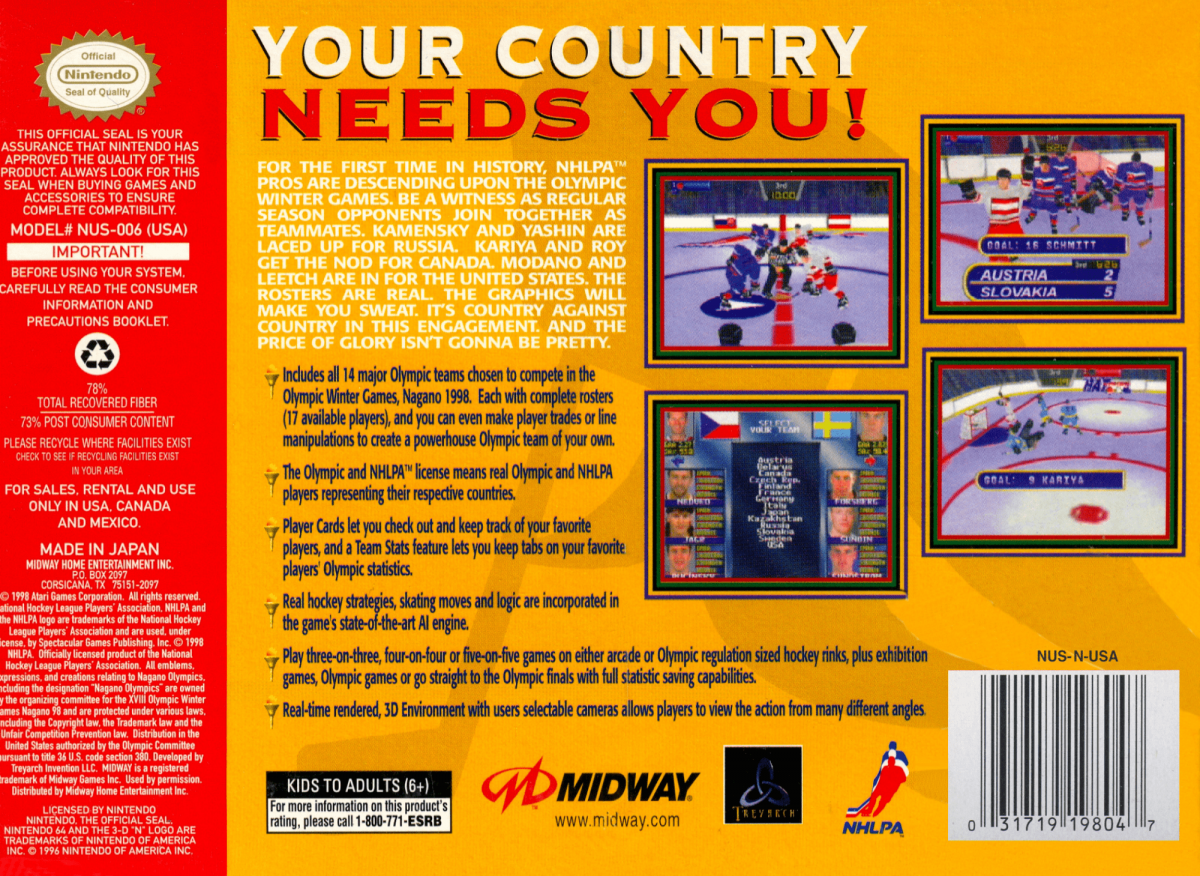Olympic Hockey 98 back cover art for Nintendo 64 (N64) video game