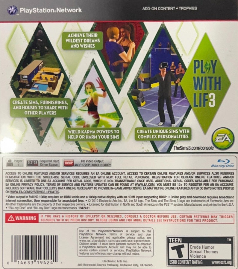 The Sims 3 for PlayStation 3 with life-simulation and customizable character creation theme back cover