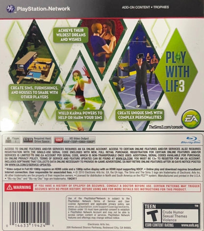 The Sims 3 for PlayStation 3 with life-simulation and customizable character creation theme back cover