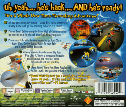 Crash Bandicoot: Warped back of case for PlayStation 1 (PS1) retro video game