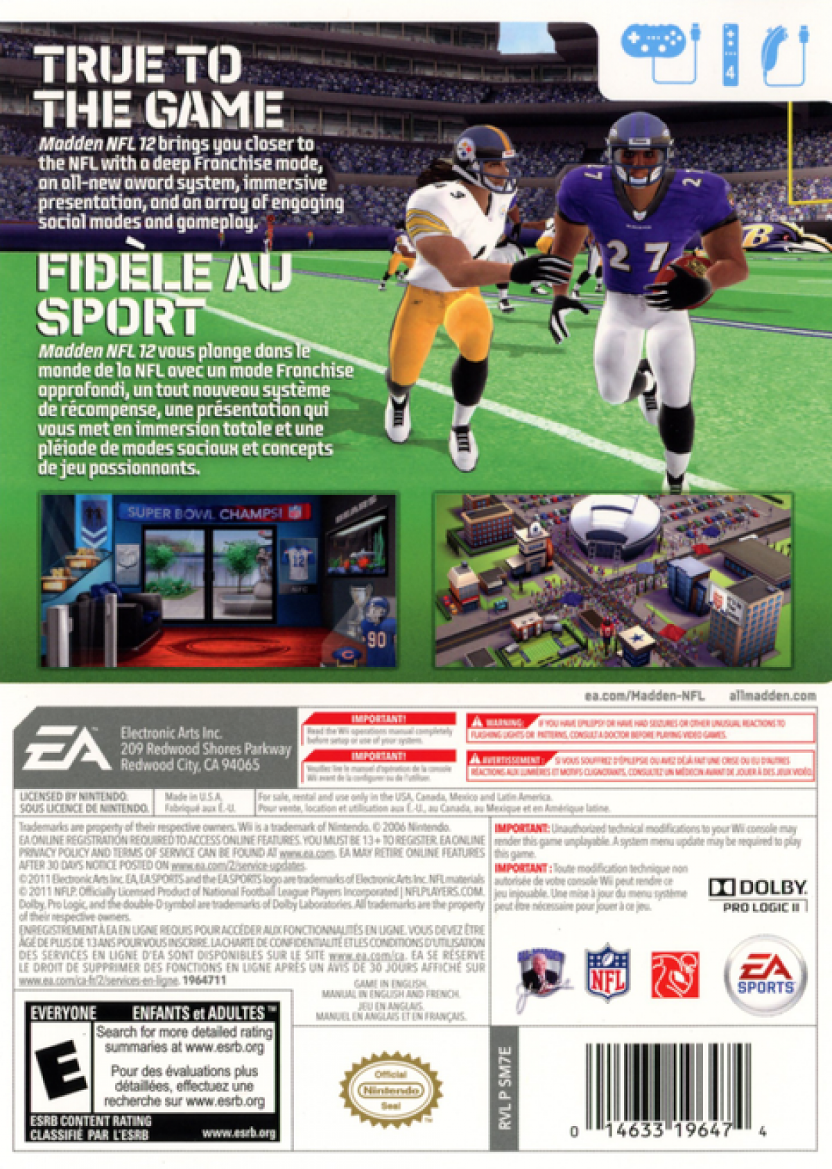 Madden NFL 12 – Nintendo Wii (Wii) American football sports simulation video game gameplay back of case