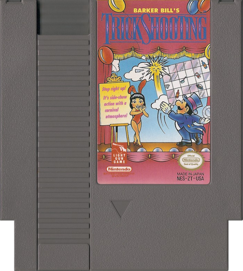 Barker Bill's Trick Shooting Nintendo Entertainment System NES video game featuring shooting gallery gameplay target shooting mini games carnival challenges light gun action cartoon characters and classic 8 bit gameplay retro video game collection collectible gaming appeal game cartridge