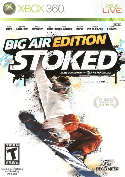 Stoked Big Air Edition Xbox 360 X360 video game featuring snowboarding sports gameplay extreme mountain riding freestyle tricks aerial jumps big air competitions snowboard customization mountain exploration challenging courses professional snowboarders trick combinations and Big Air Edition bonus content classic Xbox 360 snowboarding action retro video game collection collectible gaming appeal front cover