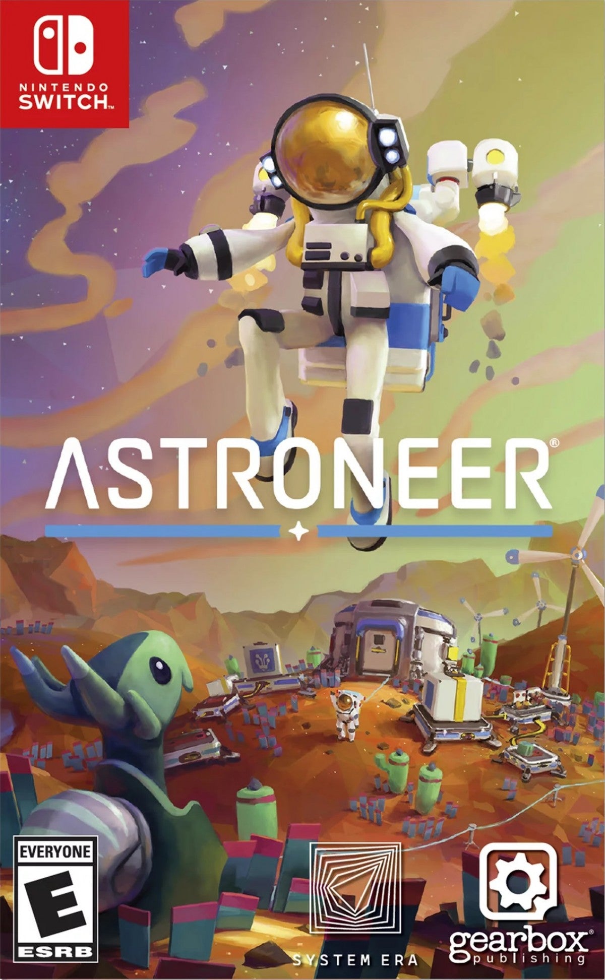 Astroneer Nintendo Switch inspired design featuring colorful space exploration adventure aesthetic planetary discovery crafting and base building resource gathering cooperative gameplay vibrant alien worlds creative sandbox mechanics and immersive sci fi survival presentation cover art