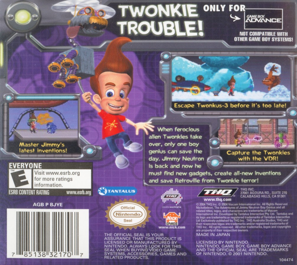 Jimmy Neutron Attack of the Twonkies Game Boy Advance GBA action-adventure platformer Nickelodeon license snow planet Twonkies creatures Jimmy Sheen Carl Cindy battling collecting based on movie back cover