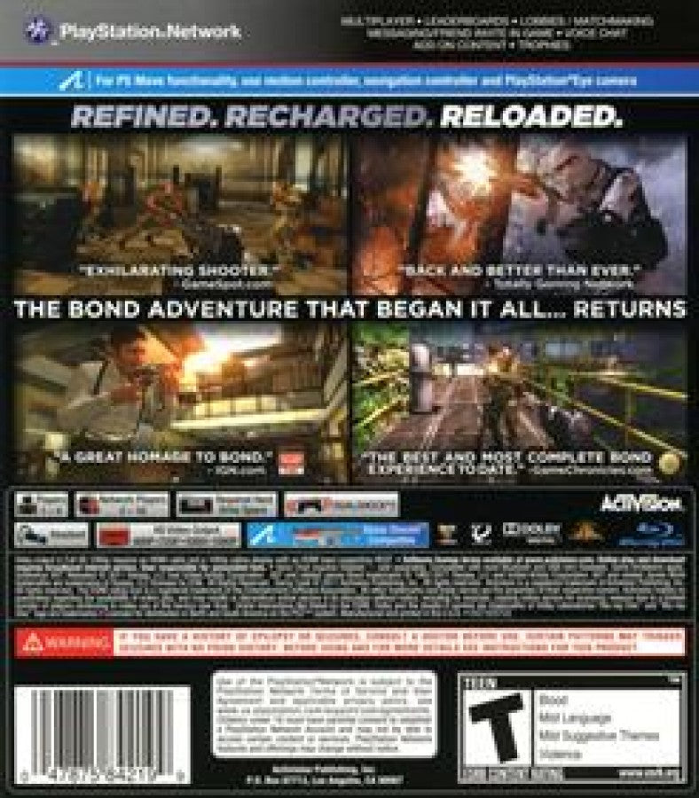 007 GoldenEye Reloaded PlayStation 3 PS3 first-person shooter video game featuring James Bond stealth missions gunfights espionage action multiplayer combat cinematic environments iconic Bond weapons and classic PlayStation 3 PS3 gameplay collectible retro gaming appeal back