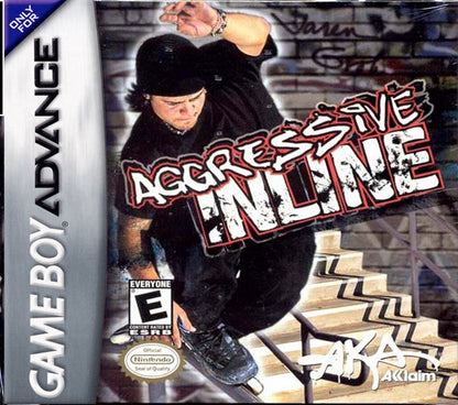 Aggressive Inline for Game Boy Advance (GBA), cover image for a retro video game featuring inline skating gameplay, trick-based challenges, extreme sports action, competitive races, and arcade-style stunt mechanics