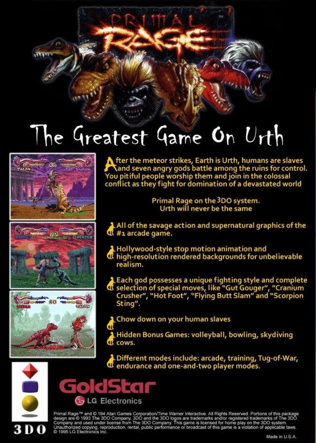 Primal Rage back of case for Panasonic 3DO (3DO) fighting video game