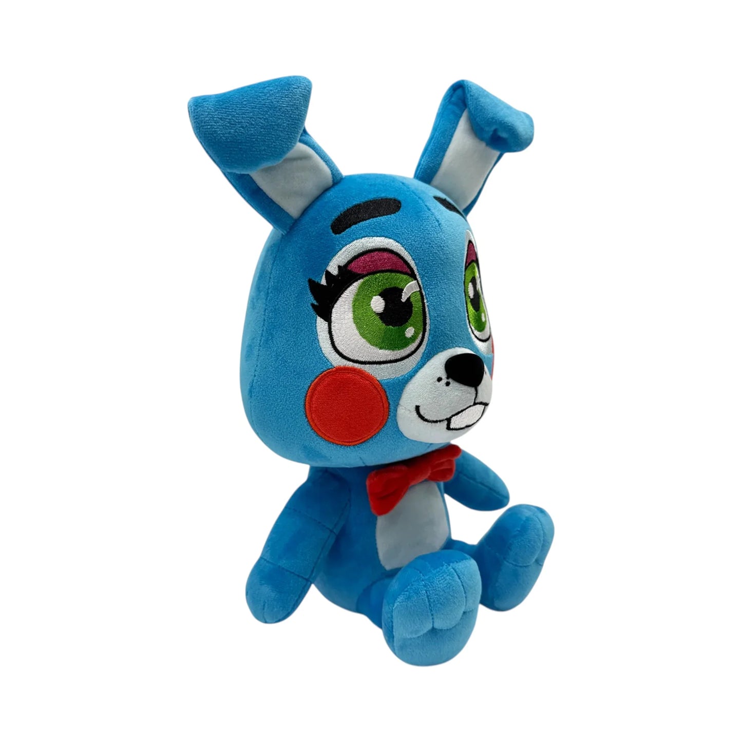 Toy Bonnie 9 Inch Plush collectible Five Nights at Freddy's FNAF character plush featuring Toy Bonnie soft plush construction bright blue bunny design red bow tie pink belly and detailed character styling 9 inch size huggable collectible display item video game merchandise and gaming collectible appeal right side
