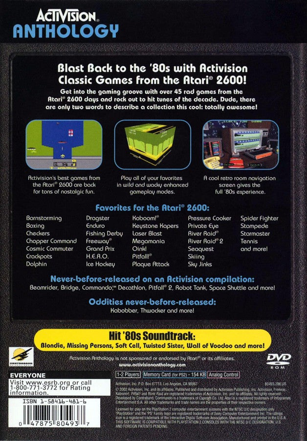Activision Anthology PlayStation 2 PS2 for retro video game fans featuring classic Atari 2600 arcade favorites multiple vintage Activision games nostalgic gameplay unlockable content historical gaming extras timeless arcade action collectible gaming appeal back cover art