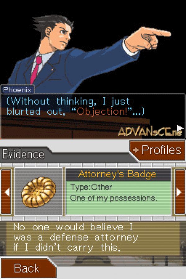 Phoenix Wright: Ace Attorney – Justice for All gameplay for Nintendo DS (DS) courtroom visual novel adventure video game