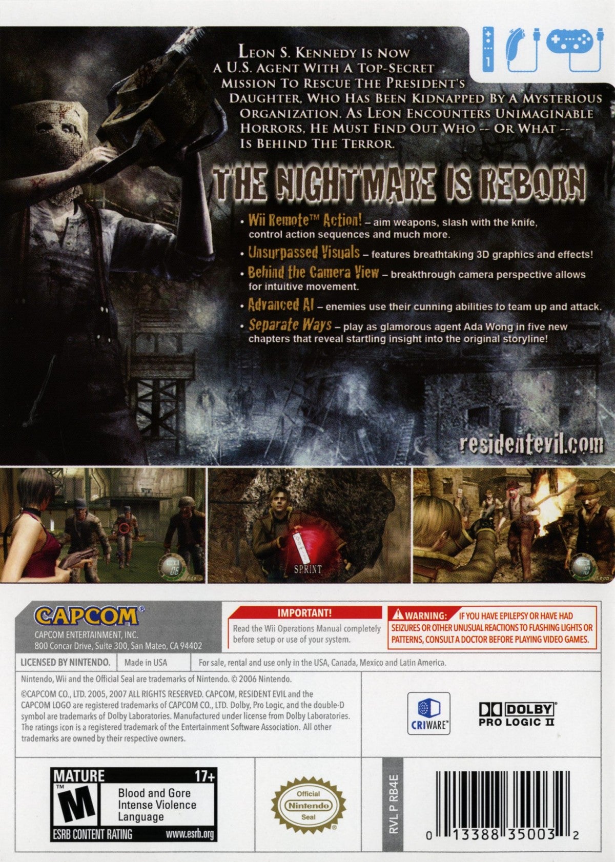  Resident Evil 4 Nintendo Wii for retro video game enthusiasts featuring survival horror gameplay over the shoulder action intense combat terrifying enemies immersive storyline motion controls resource management and collectible gaming appeal back cover