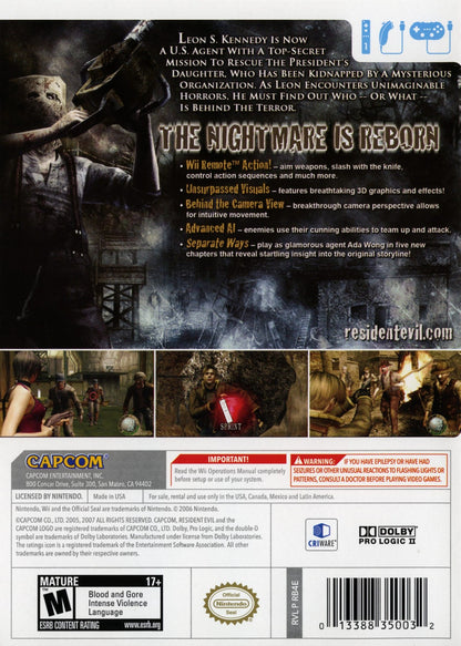  Resident Evil 4 Nintendo Wii for retro video game enthusiasts featuring survival horror gameplay over the shoulder action intense combat terrifying enemies immersive storyline motion controls resource management and collectible gaming appeal back cover