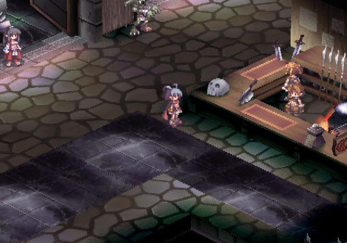 Disgaea Hour of Darkness game for the PlayStation 2 featuring tactical RPG gameplay with grid based battles deep character leveling humorous storylines and over the top mechanics set in the Netherworld starring Laharl and companions gameplay
