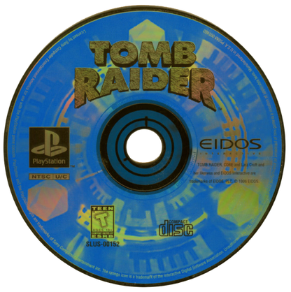 Tomb Raider disc art for PlayStation 1 PS1 video game, action adventure, exploration and puzzle solving, classic Lara Croft debut title