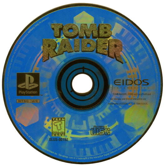 Tomb Raider disc art for PlayStation 1 PS1 video game, action adventure, exploration and puzzle solving, classic Lara Croft debut title