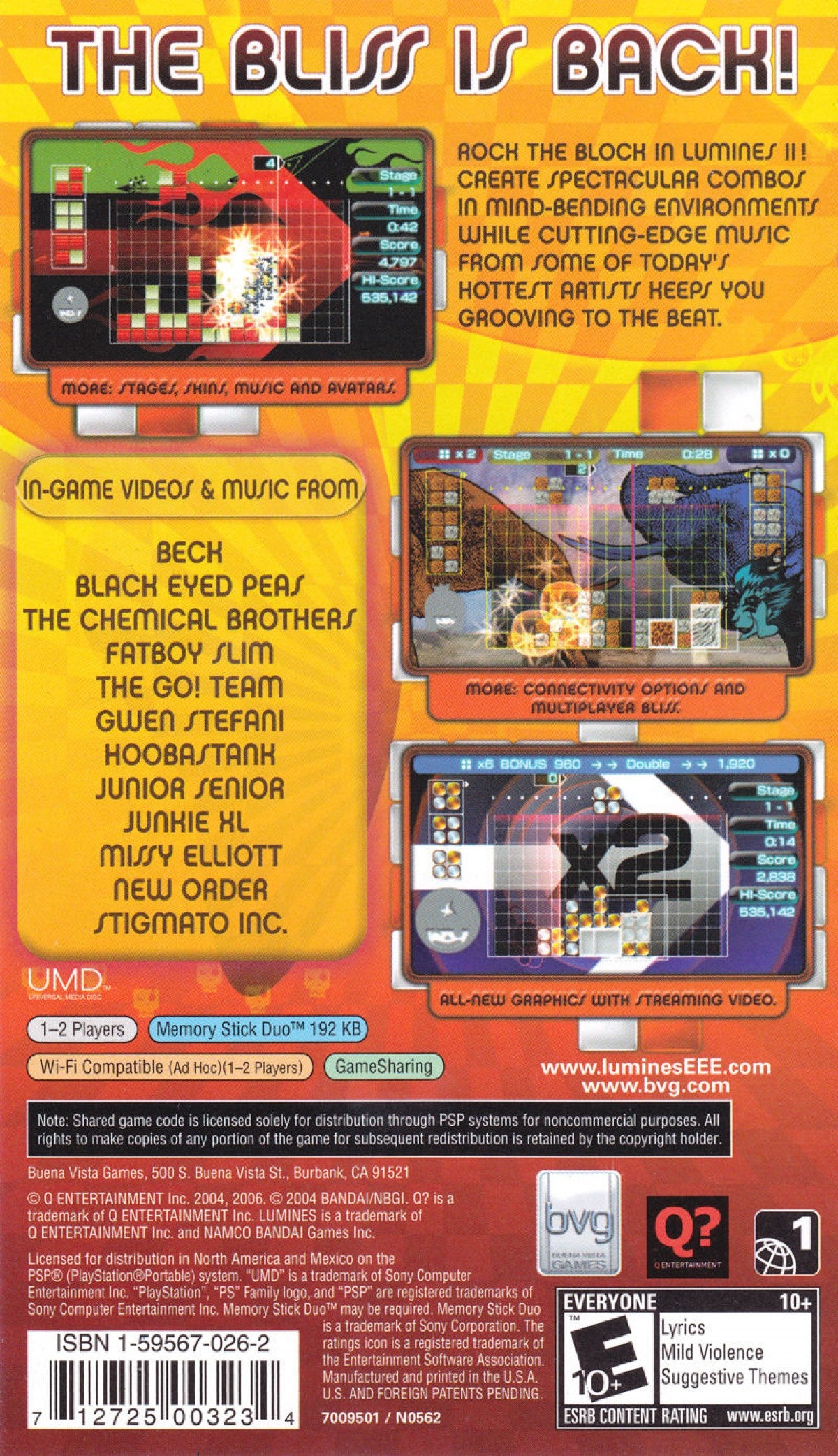 Retro Lumines II PlayStation Portable inspired design featuring music driven puzzle gameplay aesthetic vintage PSP neon visual effects rhythm based block matching electronic soundtrack immersive handheld gaming nostalgia stylish arcade puzzle presentation back cover