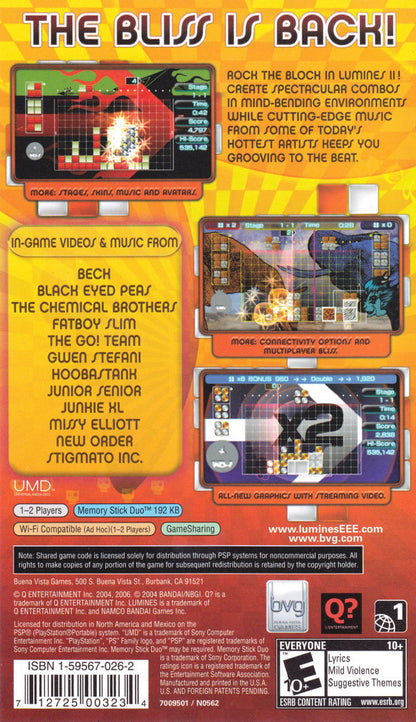Retro Lumines II PlayStation Portable inspired design featuring music driven puzzle gameplay aesthetic vintage PSP neon visual effects rhythm based block matching electronic soundtrack immersive handheld gaming nostalgia stylish arcade puzzle presentation back cover