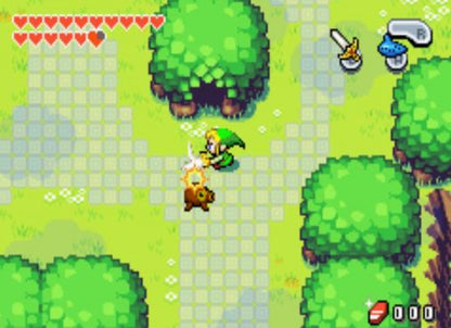 The Legend of Zelda The Minish Cap Game Boy Advance gameplay for retro video game featuring action adventure gameplay, top down exploration, magical shrinking mechanic, puzzle solving dungeons, fantasy world Hyrule quests, and classic portable Zelda adventure on GBA system