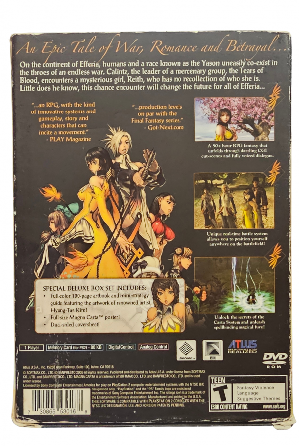 Magna Carta Tears of Blood PlayStation 2 PS2 role playing video game featuring fantasy adventure turn-based combat strategic battles character development magical abilities detailed environments challenging enemies story-driven gameplay and classic PlayStation 2 PS2 gaming collectible retro gaming appeal back box art