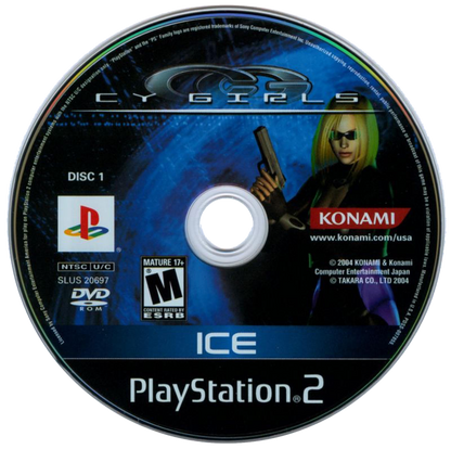 Cy Girls PS2 Sony PlayStation 2 action stealth game cyber espionage female protagonists Ice and Aska infiltration missions martial arts combat gadgets dual character gameplay anime style spy thriller retro gaming PlayStation 2 software video game title ice disc 