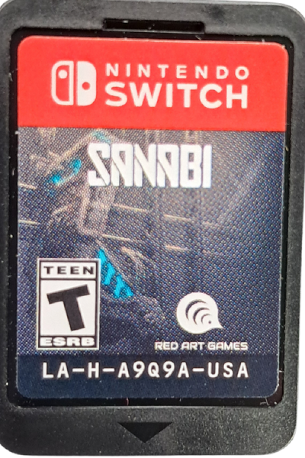 SANABI Nintendo Switch inspired design featuring cyberpunk action platform adventure aesthetic high speed grappling hook traversal dystopian futuristic cityscapes intense side scrolling combat pixel art visuals emotional storytelling challenging missions and stylish sci fi gameplay presentation cartridge
