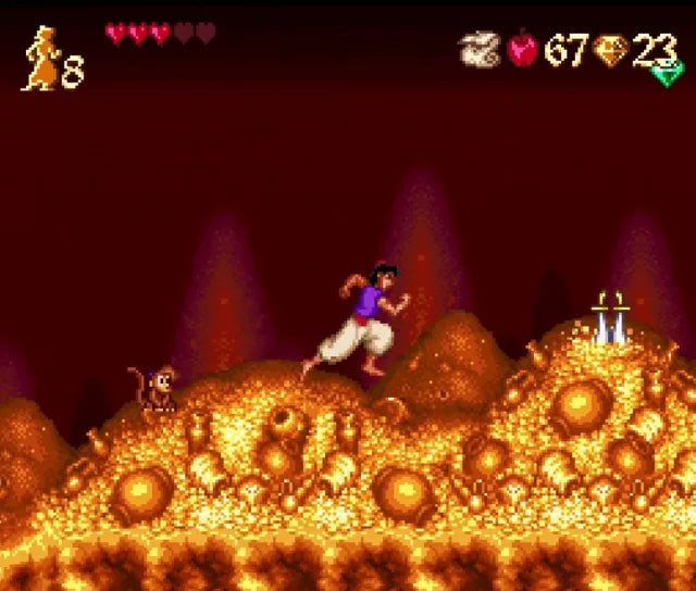 Disney's Aladdin Super Nintendo Entertainment System SNES for action platforming video game fans featuring classic Disney adventure side scrolling gameplay vibrant animated visuals sword combat platforming challenges memorable movie inspired levels family friendly retro gaming collectible gaming appeal gameplay