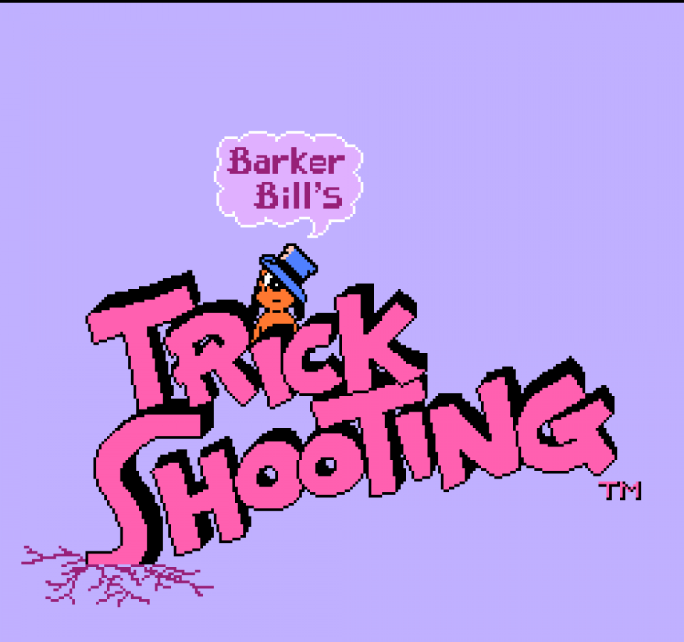 Barker Bill's Trick Shooting Nintendo Entertainment System NES video game featuring shooting gallery gameplay target shooting mini games carnival challenges light gun action cartoon characters and classic 8 bit gameplay retro video game collection collectible gaming appeal gameplay