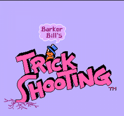 Barker Bill's Trick Shooting Nintendo Entertainment System NES video game featuring shooting gallery gameplay target shooting mini games carnival challenges light gun action cartoon characters and classic 8 bit gameplay retro video game collection collectible gaming appeal gameplay