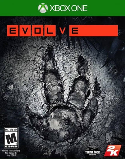 Evolve – Xbox One (XONE) cover art for online multiplayer sci-fi shooter featuring 4v1 monster hunting gameplay.