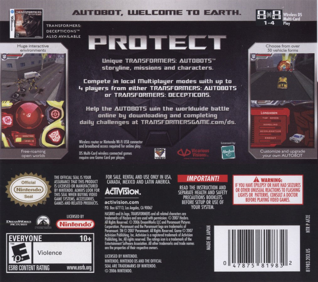 Transformers: Autobots back of case for Nintendo DS (DS) action adventure video game