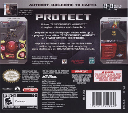 Transformers: Autobots back of case for Nintendo DS (DS) action adventure video game