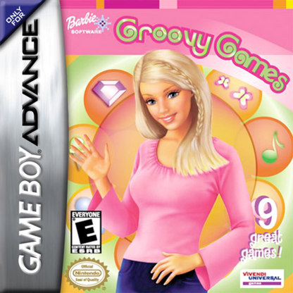 Barbie Groovy Games Game Boy Advance GBA for retro video game enthusiasts featuring family friendly party gameplay fun mini games colorful challenges multiplayer style entertainment charming Barbie themed activities handheld gaming and collectible gaming appeal cover art 