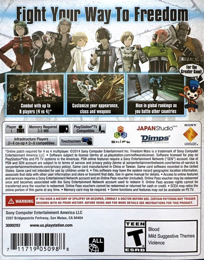 Freedom Wars for PlayStation Vita (PSV) at Gamers INC, featuring a high-octane "Panopticon" hunter-action RPG where you play as a Sinner fighting to reduce a million-year prison sentence through intense cooperative combat, utilizing the unique "Thorn" grappling hook for vertical mobility and giant abductor takedowns in a dystopian sci-fi world back cover  