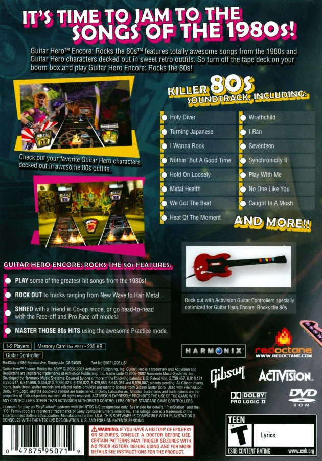 Guitar Hero Encore: Rocks the 80s [Greatest Hits] back cover art for PlayStation 2 (PS2) video game
