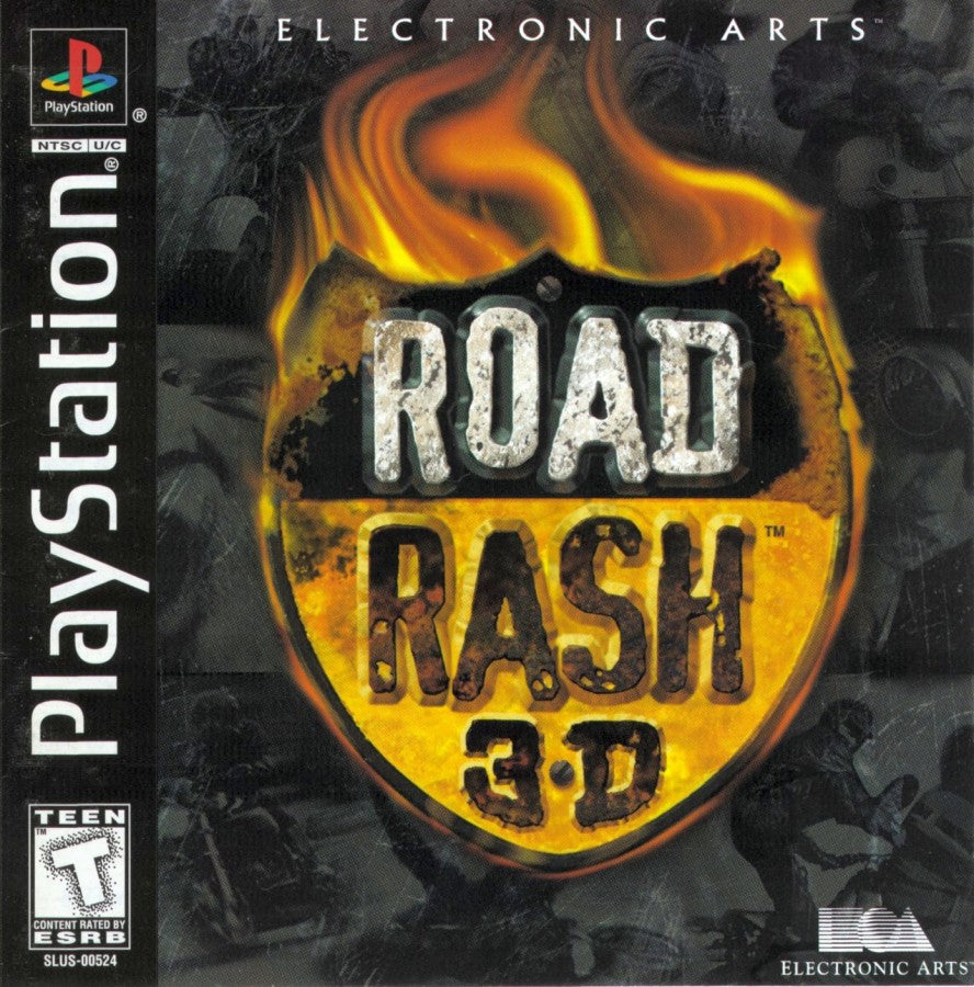 Road Rash 3D PlayStation PS1 for racing action video game fans featuring high speed motorcycle racing road combat aggressive opponents weapon based attacks 3D tracks urban and rural environments bike upgrades intense rival battles arcade style gameplay collectible gaming appeal cover art