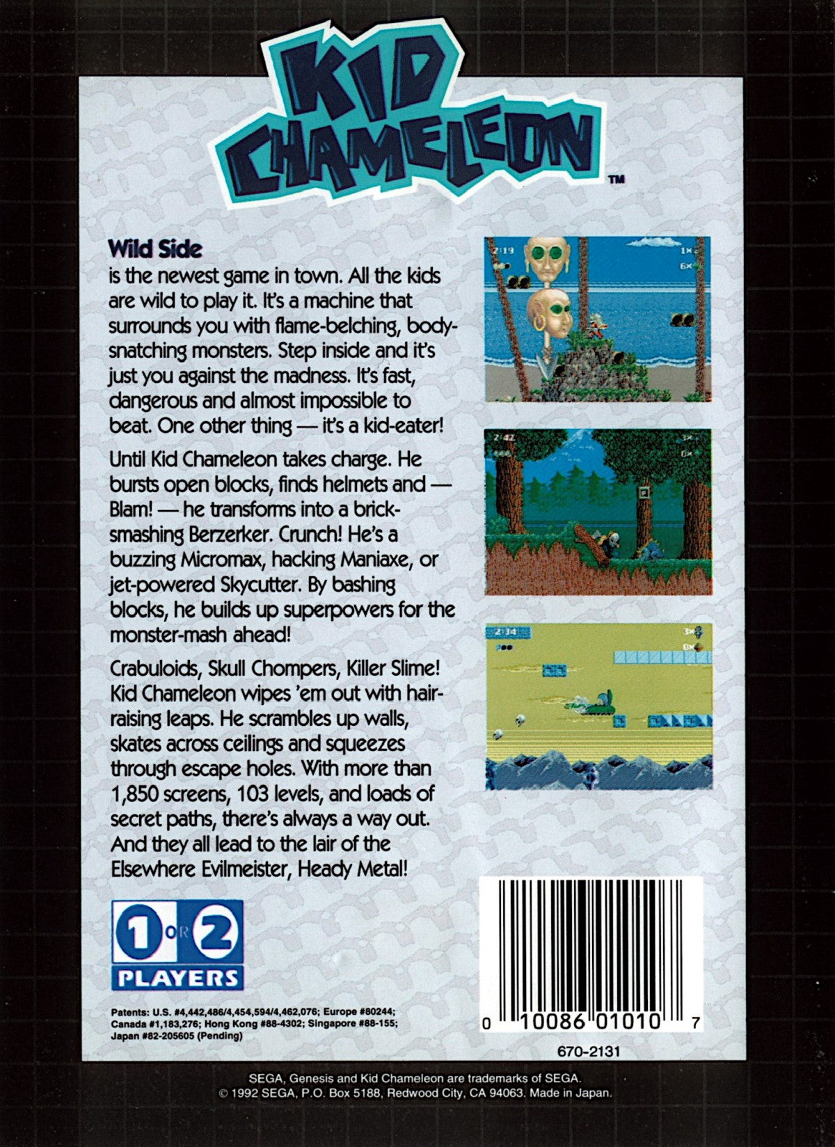Kid Chameleon Sega Genesis retro video game action platformer back of case (1992)