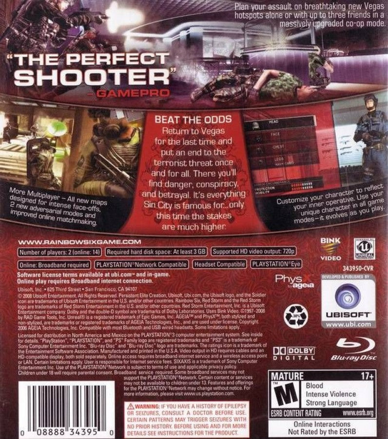 Tom Clancy's Rainbow Six: Vegas 2 back cover art for PlayStation 3 (PS3) video game