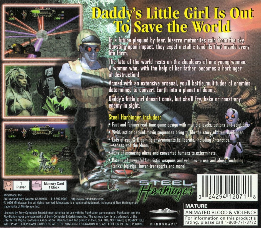 Steel Harbinger retro sci-fi action shooter game for PlayStation 1 (PS1) back of case